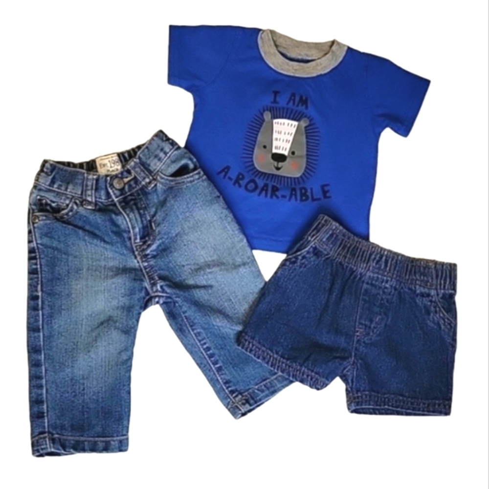 NWT 3-Piece Outfit Bundle: 1989 Place Denim Jeans & Shorts with Graphic Tee